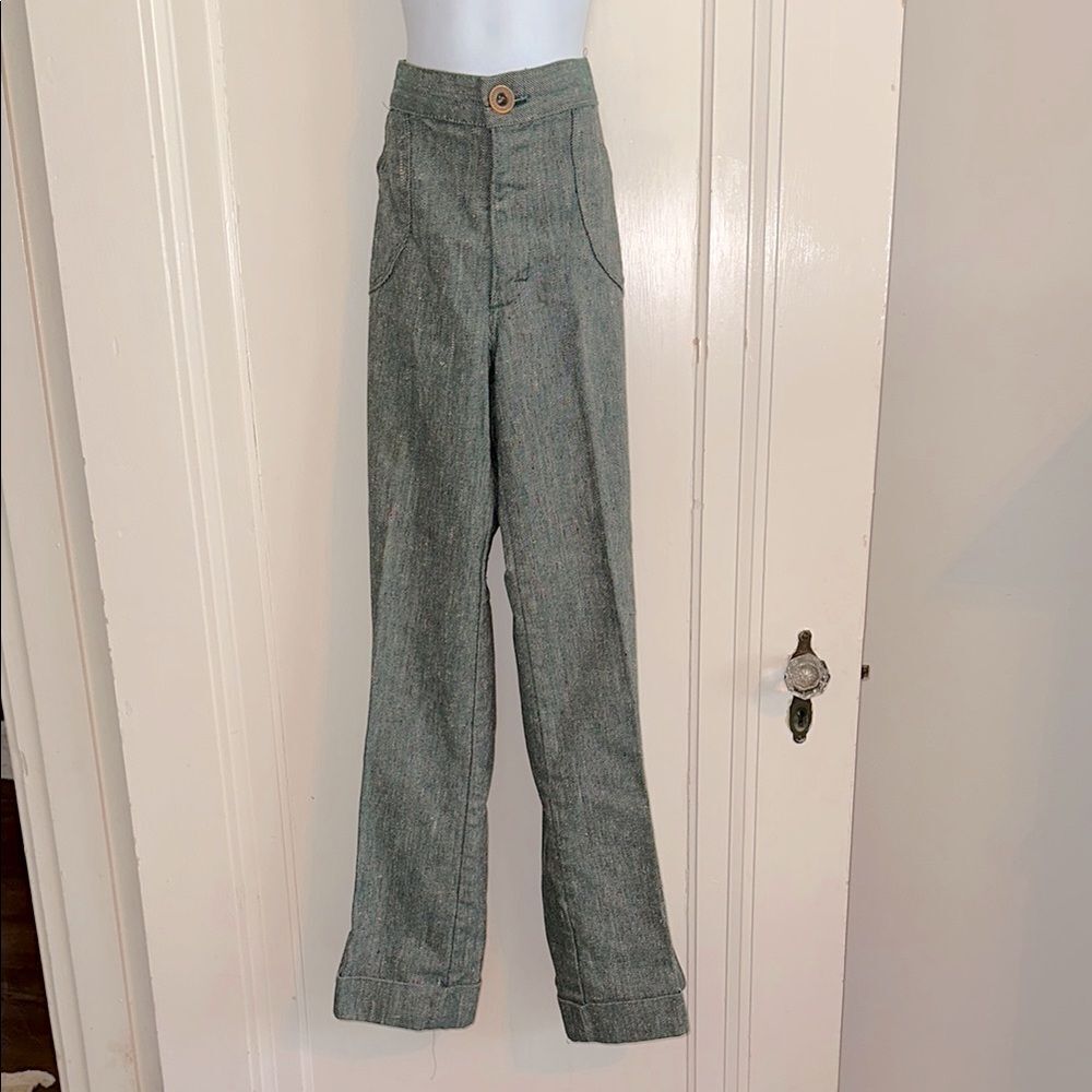 Vintage 70s H.I.S. For Girls green tweed bell bottom cuffed hem jeans